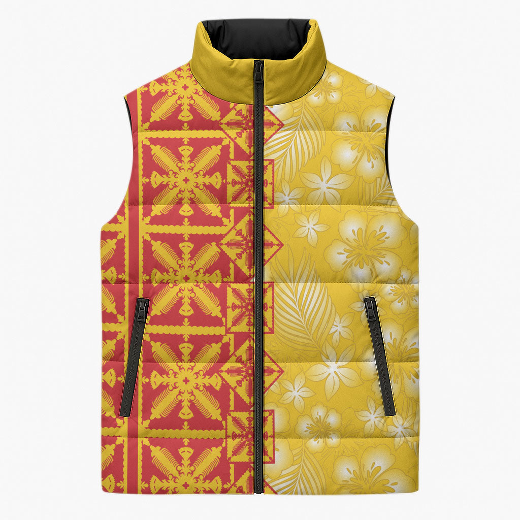 Kahili Quilt Hawaii Sleeveless Puffer Jacket Tropical Flower Seamless Half Style