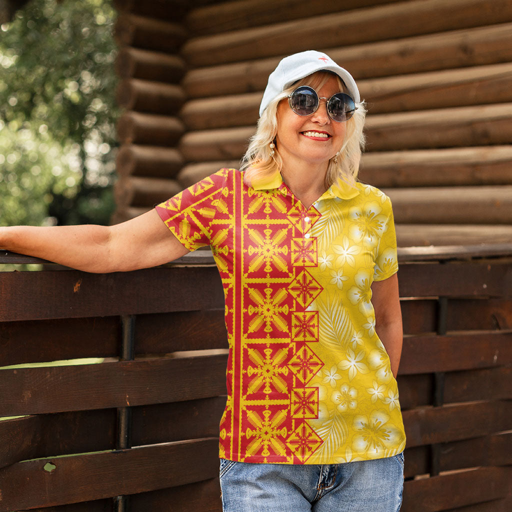 Kahili Quilt Hawaii Women Polo Shirt Tropical Flower Seamless Half Style
