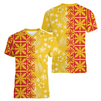 Kahili Quilt Hawaii Women V-Neck T-Shirt Tropical Flower Seamless Half Style