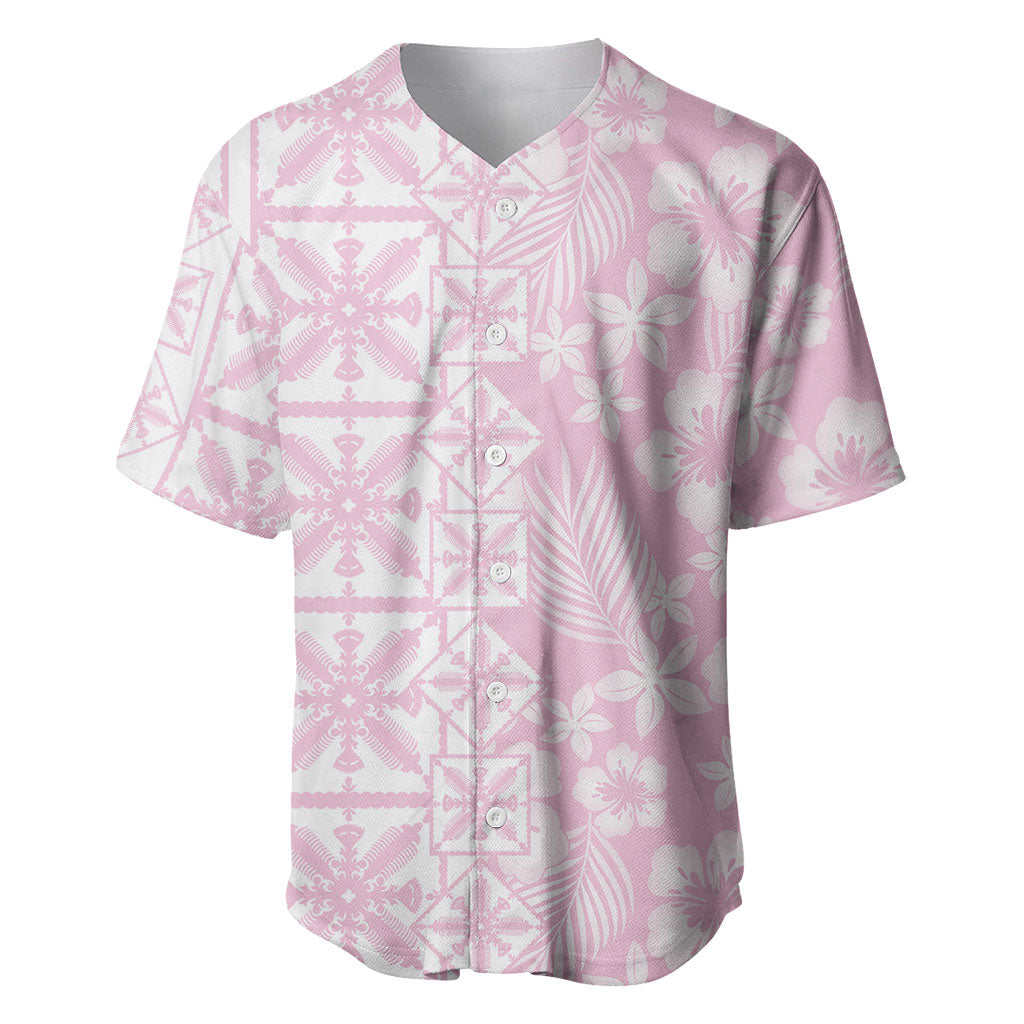 Pastel Pink Kahili Quilt Hawaii Baseball Jersey Tropical Flower Seamless Half Style LT14 Pink - Polynesian Pride