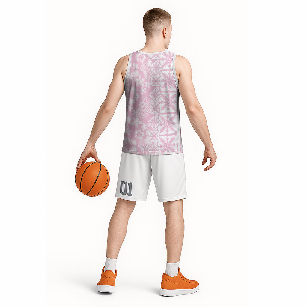Pastel Pink Kahili Quilt Hawaii Basketball Jersey Tropical Flower Seamless Half Style