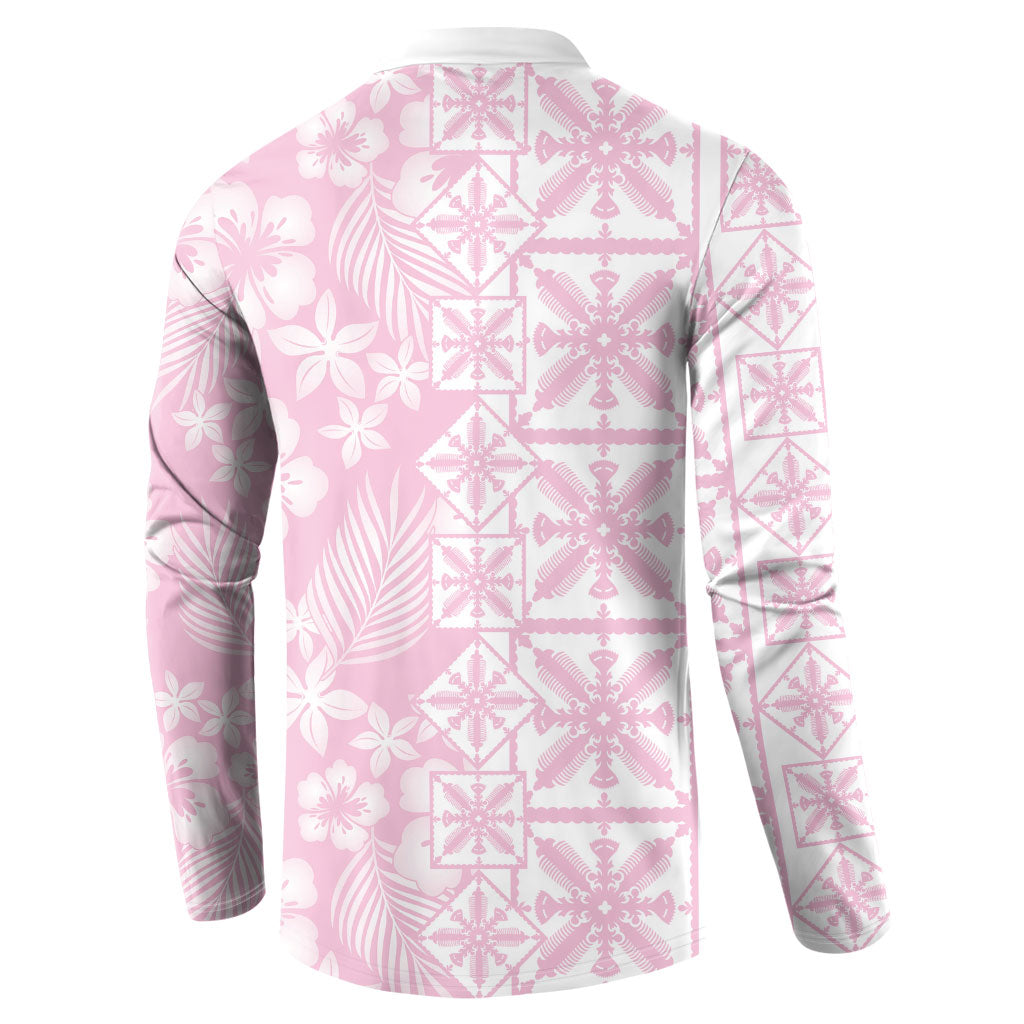 Pastel Pink Kahili Quilt Hawaii Button Sweatshirt Tropical Flower Seamless Half Style