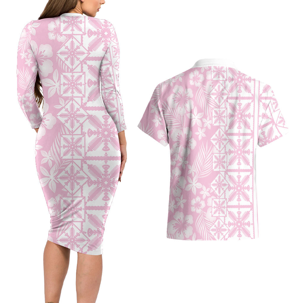 Pastel Pink Kahili Quilt Hawaii Couples Matching Long Sleeve Bodycon Dress and Hawaiian Shirt Tropical Flower Seamless Half Style LT14 - Polynesian Pride