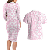 Pastel Pink Kahili Quilt Hawaii Couples Matching Long Sleeve Bodycon Dress and Hawaiian Shirt Tropical Flower Seamless Half Style LT14 - Polynesian Pride
