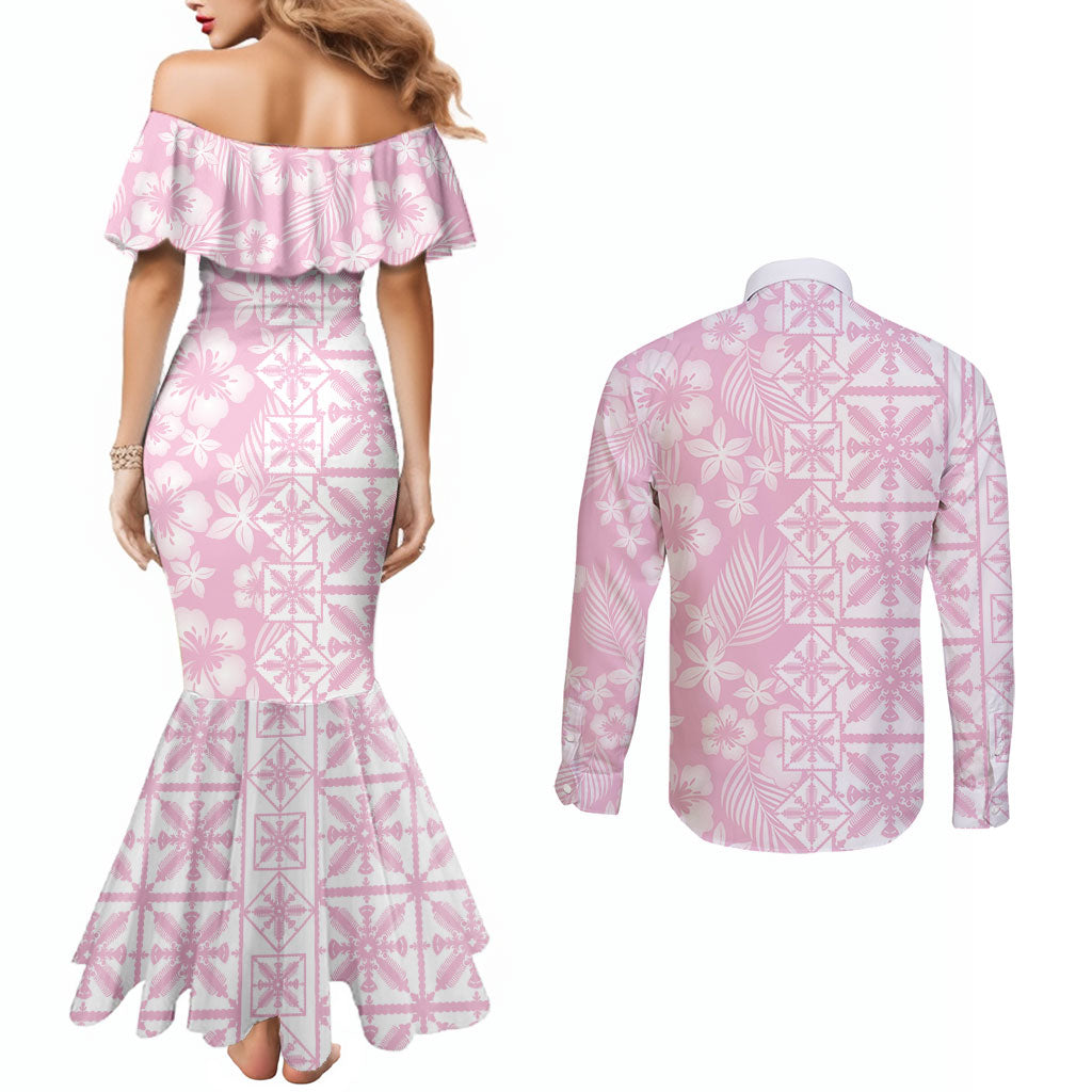 Pastel Pink Kahili Quilt Hawaii Couples Matching Mermaid Dress and Long Sleeve Button Shirt Tropical Flower Seamless Half Style LT14 - Polynesian Pride