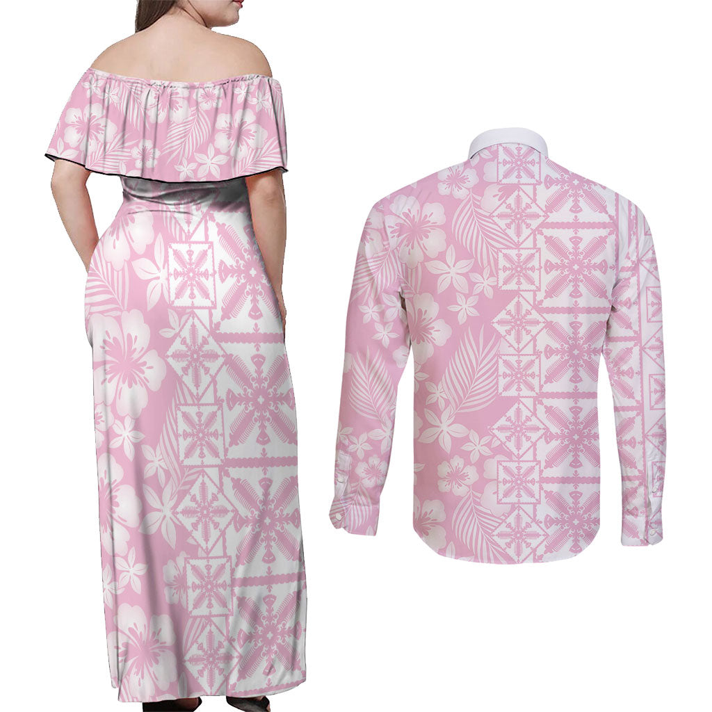 Pastel Pink Kahili Quilt Hawaii Couples Matching Off Shoulder Maxi Dress and Long Sleeve Button Shirt Tropical Flower Seamless Half Style LT14 - Polynesian Pride