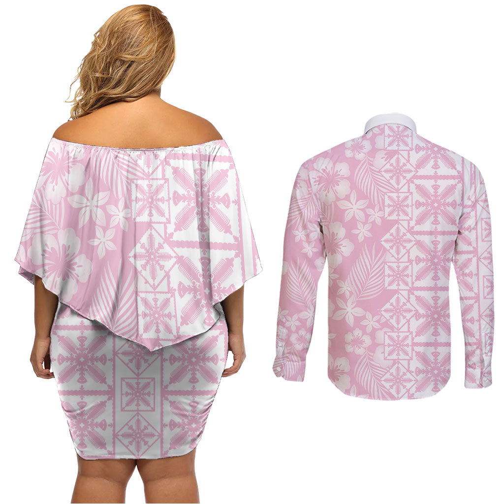 Pastel Pink Kahili Quilt Hawaii Couples Matching Off Shoulder Short Dress and Long Sleeve Button Shirt Tropical Flower Seamless Half Style LT14 - Polynesian Pride