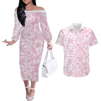 Pastel Pink Kahili Quilt Hawaii Couples Matching Off The Shoulder Long Sleeve Dress and Hawaiian Shirt Tropical Flower Seamless Half Style LT14 Pink - Polynesian Pride