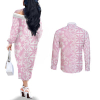 Pastel Pink Kahili Quilt Hawaii Couples Matching Off The Shoulder Long Sleeve Dress and Long Sleeve Button Shirt Tropical Flower Seamless Half Style LT14 - Polynesian Pride