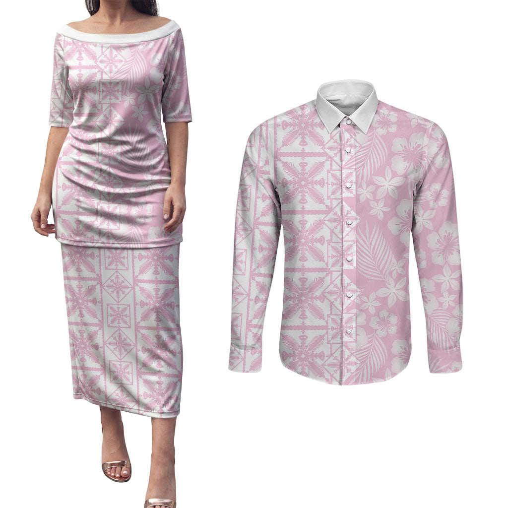 Pastel Pink Kahili Quilt Hawaii Couples Matching Puletasi and Long Sleeve Button Shirt Tropical Flower Seamless Half Style LT14 Pink - Polynesian Pride