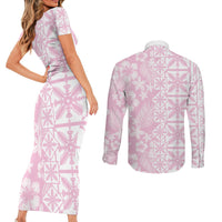 Pastel Pink Kahili Quilt Hawaii Couples Matching Short Sleeve Bodycon Dress and Long Sleeve Button Shirt Tropical Flower Seamless Half Style LT14 - Polynesian Pride