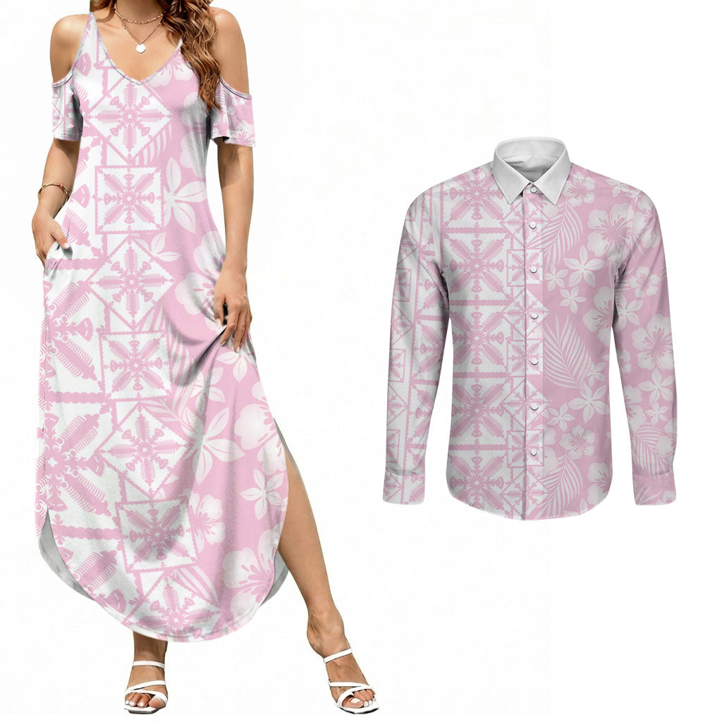 Pastel Pink Kahili Quilt Hawaii Couples Matching Summer Maxi Dress and Long Sleeve Button Shirt Tropical Flower Seamless Half Style LT14 Pink - Polynesian Pride