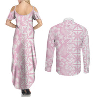 Pastel Pink Kahili Quilt Hawaii Couples Matching Summer Maxi Dress and Long Sleeve Button Shirt Tropical Flower Seamless Half Style LT14 - Polynesian Pride