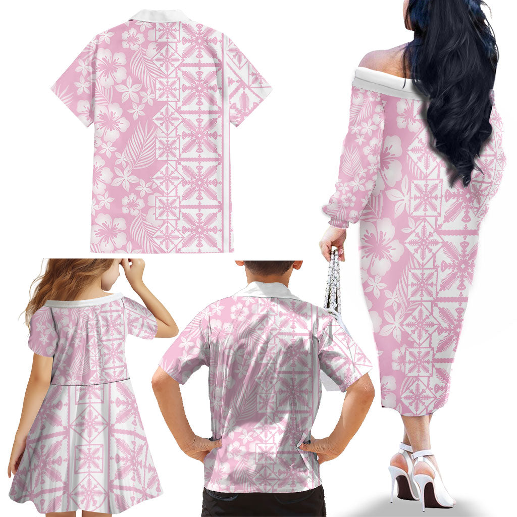 Pastel Pink Kahili Quilt Hawaii Family Matching Off The Shoulder Long Sleeve Dress and Hawaiian Shirt Tropical Flower Seamless Half Style LT14 - Polynesian Pride