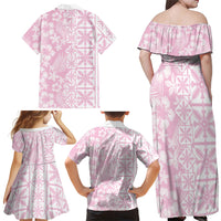 Pastel Pink Kahili Quilt Hawaii Family Matching Off Shoulder Maxi Dress and Hawaiian Shirt Tropical Flower Seamless Half Style LT14 - Polynesian Pride