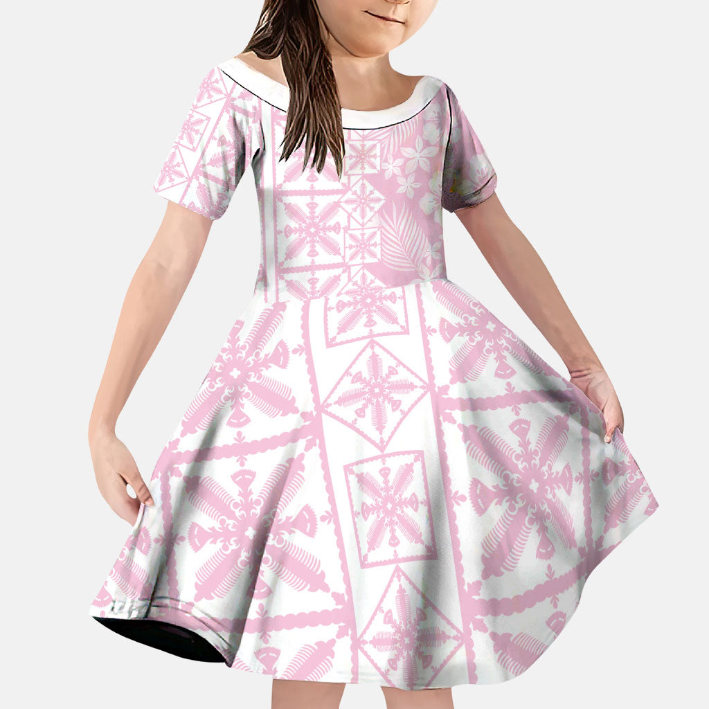 Pastel Pink Kahili Quilt Hawaii Family Matching Off Shoulder Short Dress and Hawaiian Shirt Tropical Flower Seamless Half Style LT14 Daughter's Dress Pink - Polynesian Pride