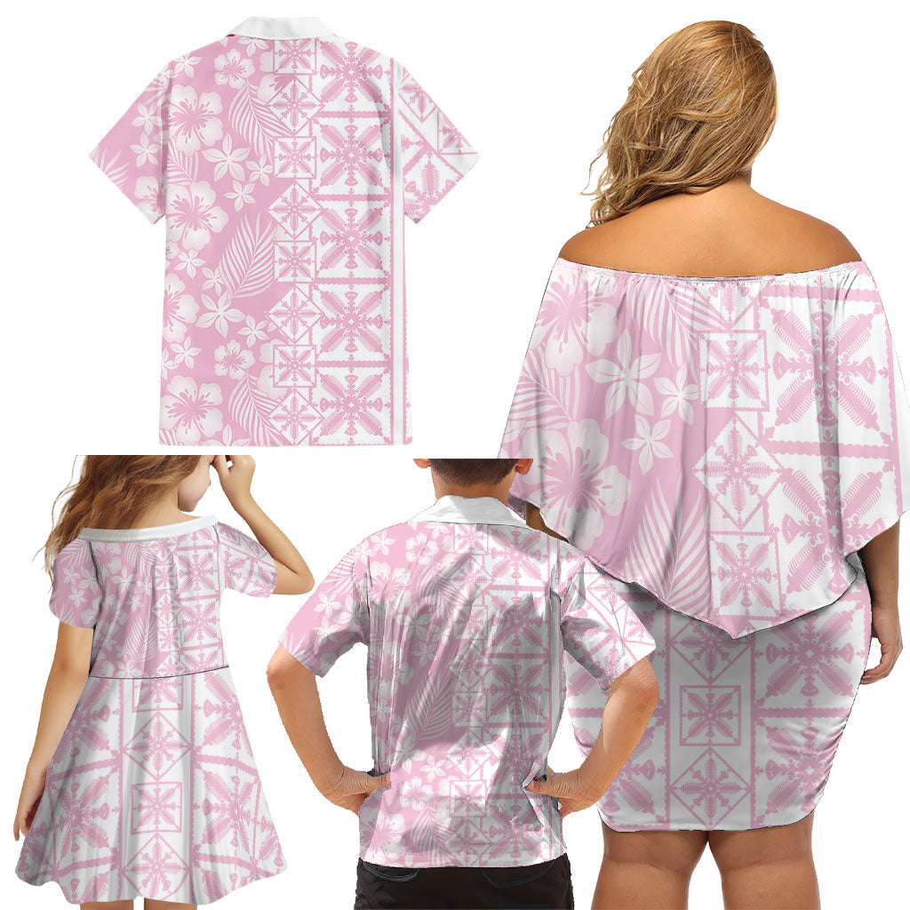 Pastel Pink Kahili Quilt Hawaii Family Matching Off Shoulder Short Dress and Hawaiian Shirt Tropical Flower Seamless Half Style LT14 - Polynesian Pride