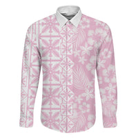 Pastel Pink Kahili Quilt Hawaii Family Matching Off Shoulder Short Dress and Hawaiian Shirt Tropical Flower Seamless Half Style LT14 Dad's Shirt - Long Sleeve Pink - Polynesian Pride