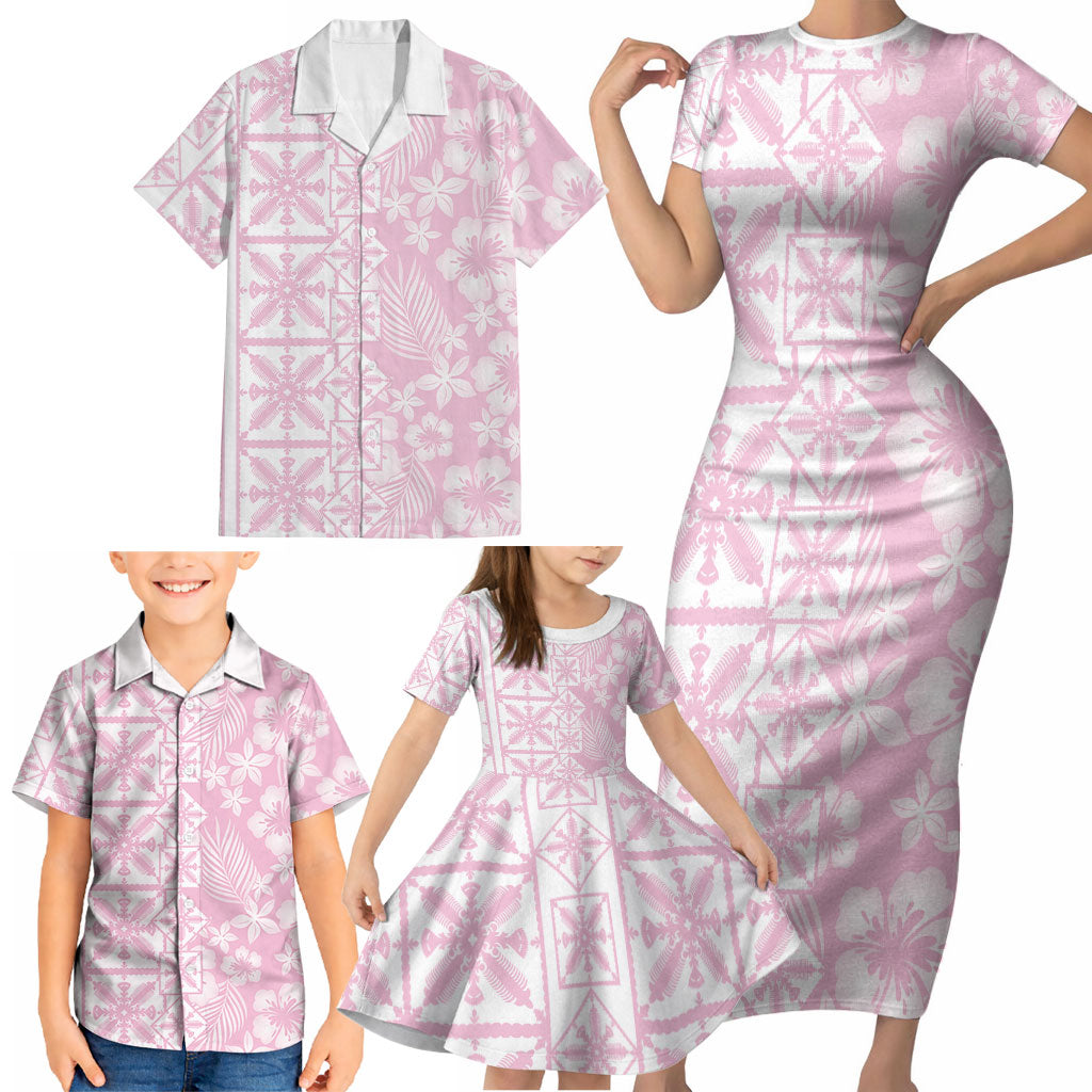 Pastel Pink Kahili Quilt Hawaii Family Matching Short Sleeve Bodycon Dress and Hawaiian Shirt Tropical Flower Seamless Half Style LT14 - Polynesian Pride
