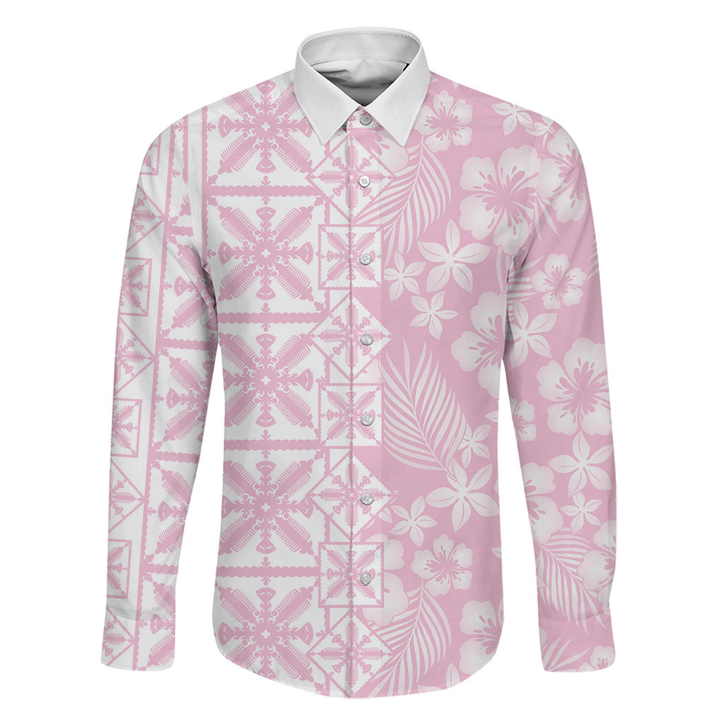 Pastel Pink Kahili Quilt Hawaii Family Matching Short Sleeve Bodycon Dress and Hawaiian Shirt Tropical Flower Seamless Half Style LT14 Dad's Shirt - Long Sleeve Pink - Polynesian Pride
