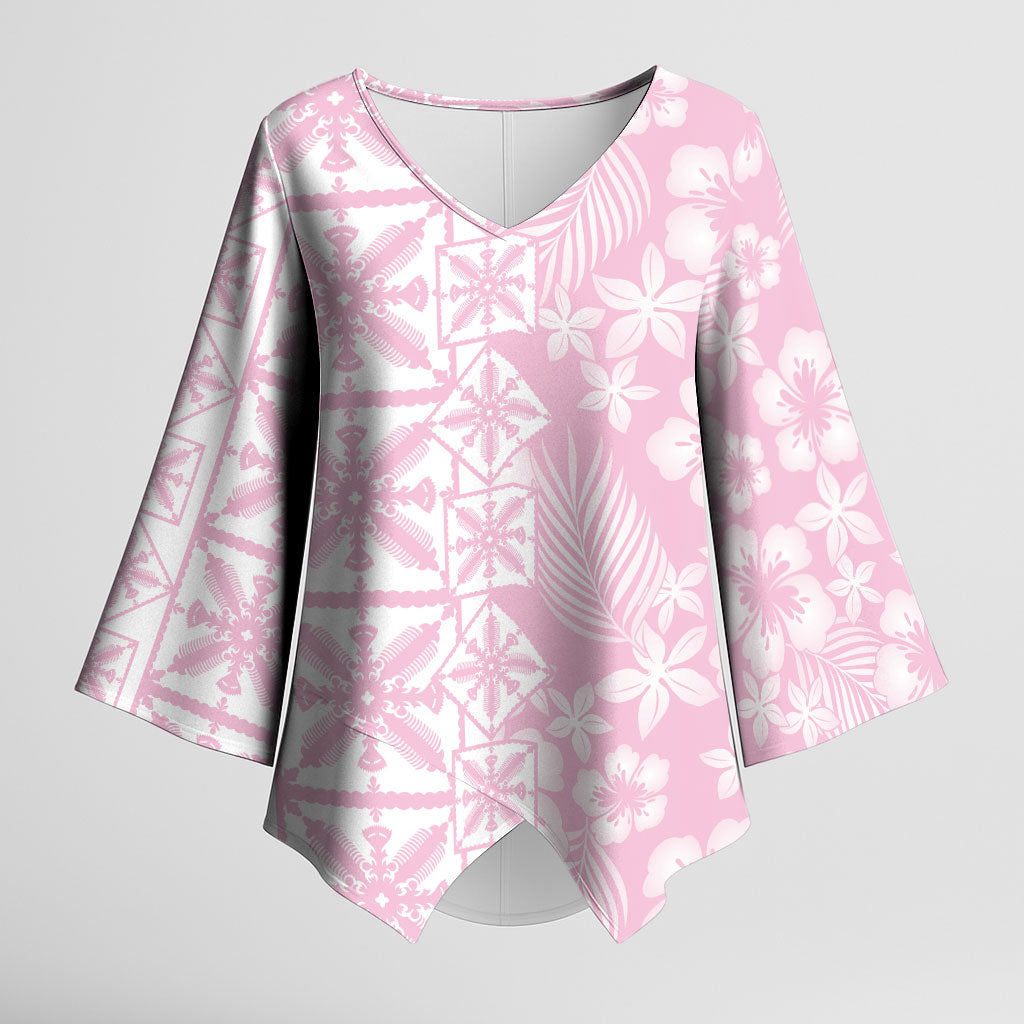 Pastel Pink Kahili Quilt Hawaii Kimono Sleeve Blouse Tropical Flower Seamless Half Style