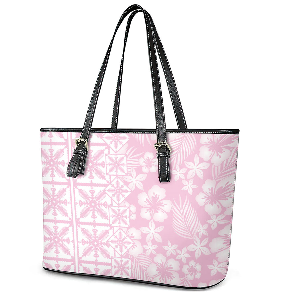 Pastel Pink Kahili Quilt Hawaii Leather Tote Bag Tropical Flower Seamless Half Style