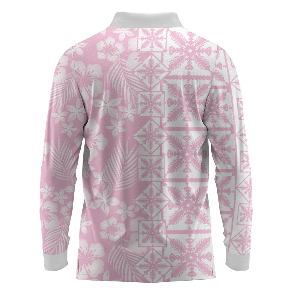 Pastel Pink Kahili Quilt Hawaii Long Sleeve Polo Shirt Tropical Flower Seamless Half Style