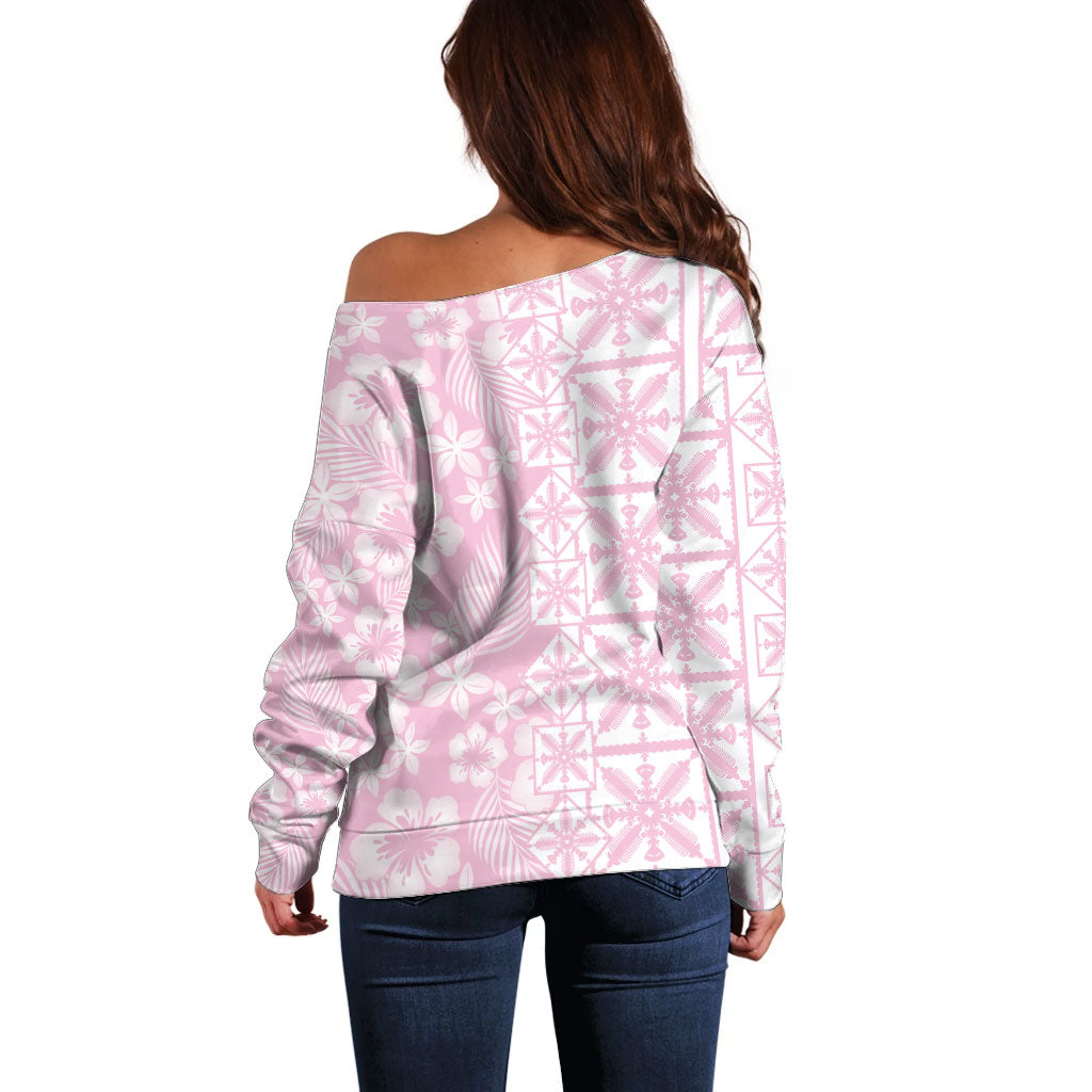 Pastel Pink Kahili Quilt Hawaii Off Shoulder Sweater Tropical Flower Seamless Half Style