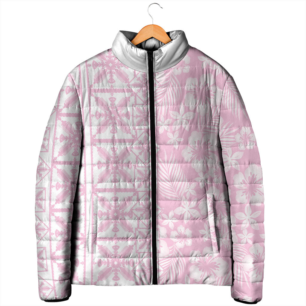 Pastel Pink Kahili Quilt Hawaii Padded Jacket Tropical Flower Seamless Half Style