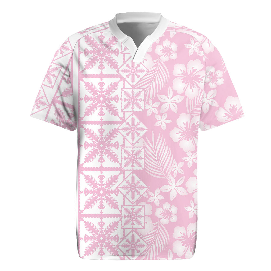 Pastel Pink Kahili Quilt Hawaii Rugby Jersey Tropical Flower Seamless Half Style LT14 Pink - Polynesian Pride