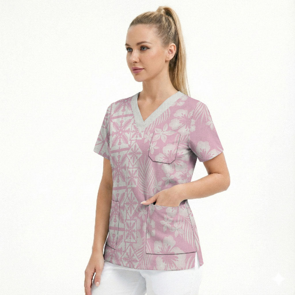 Pastel Pink Kahili Quilt Hawaii Scrub Top Tropical Flower Seamless Half Style