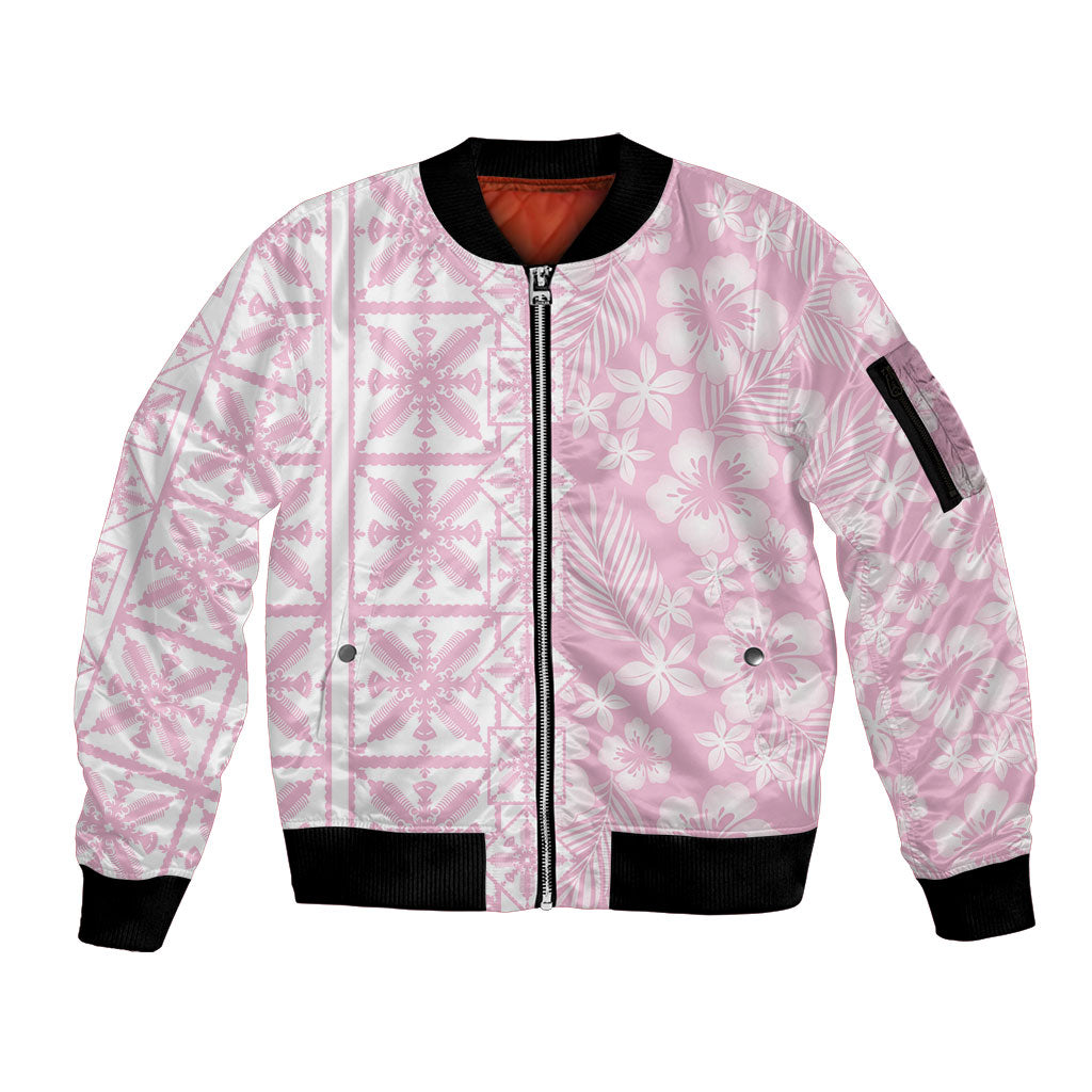 Pastel Pink Kahili Quilt Hawaii Sleeve Zip Bomber Jacket Tropical Flower Seamless Half Style