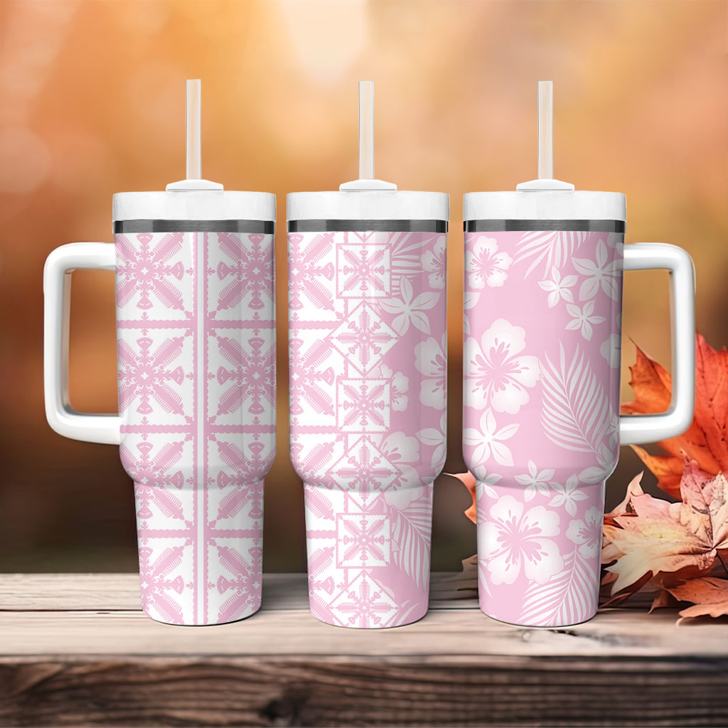 Pastel Pink Kahili Quilt Hawaii Tumbler With Handle Tropical Flower Seamless Half Style