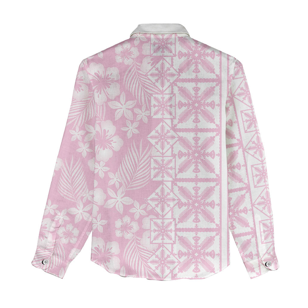 Pastel Pink Kahili Quilt Hawaii Women Casual Shirt Tropical Flower Seamless Half Style