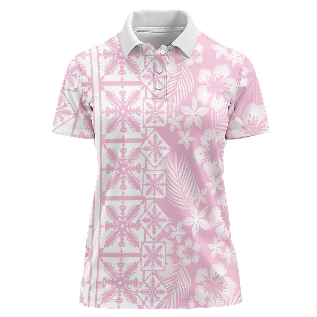 Pastel Pink Kahili Quilt Hawaii Women Polo Shirt Tropical Flower Seamless Half Style
