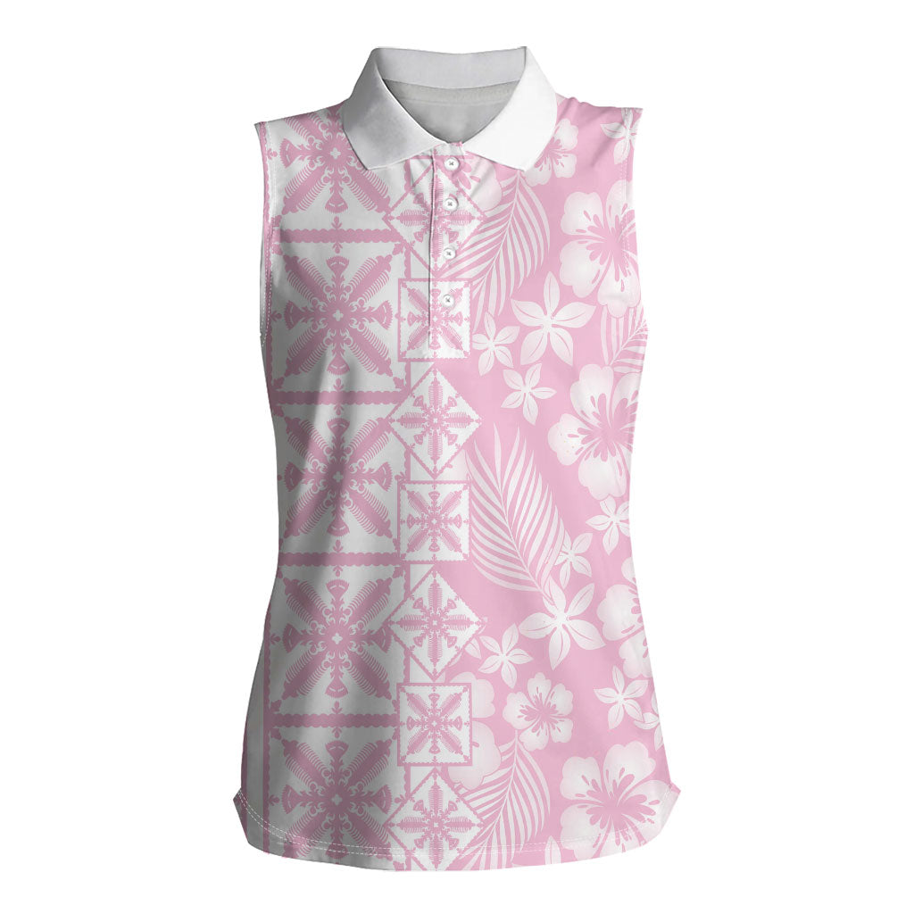 Pastel Pink Kahili Quilt Hawaii Women Sleeveless Polo Shirt Tropical Flower Seamless Half Style LT14 Female Pink - Polynesian Pride