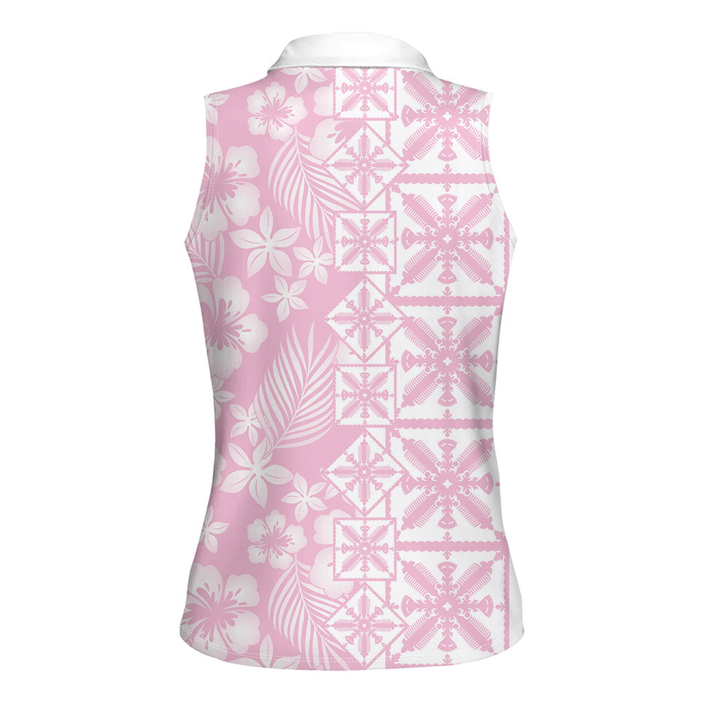Pastel Pink Kahili Quilt Hawaii Women Sleeveless Polo Shirt Tropical Flower Seamless Half Style LT14 - Polynesian Pride