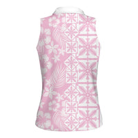 Pastel Pink Kahili Quilt Hawaii Women Sleeveless Polo Shirt Tropical Flower Seamless Half Style LT14 - Polynesian Pride