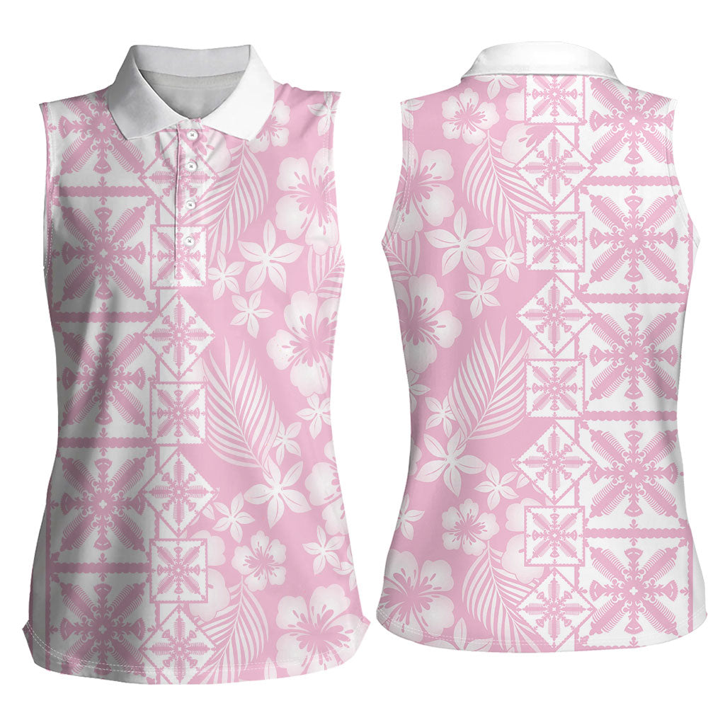 Pastel Pink Kahili Quilt Hawaii Women Sleeveless Polo Shirt Tropical Flower Seamless Half Style LT14 - Polynesian Pride