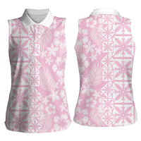 Pastel Pink Kahili Quilt Hawaii Women Sleeveless Polo Shirt Tropical Flower Seamless Half Style LT14 - Polynesian Pride