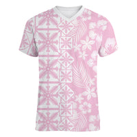 Pastel Pink Kahili Quilt Hawaii Women V-Neck T-Shirt Tropical Flower Seamless Half Style LT14 Female Pink - Polynesian Pride