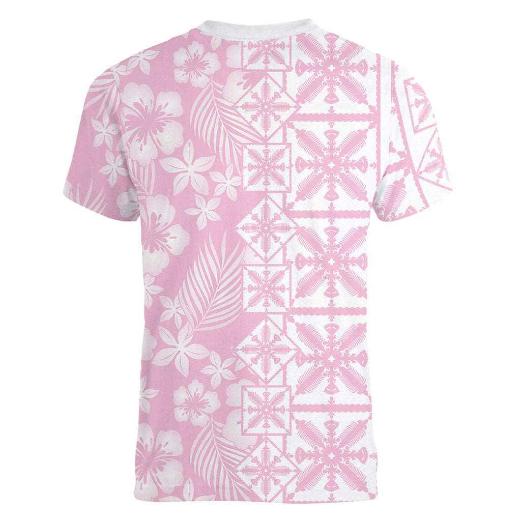 Pastel Pink Kahili Quilt Hawaii Women V-Neck T-Shirt Tropical Flower Seamless Half Style LT14 - Polynesian Pride