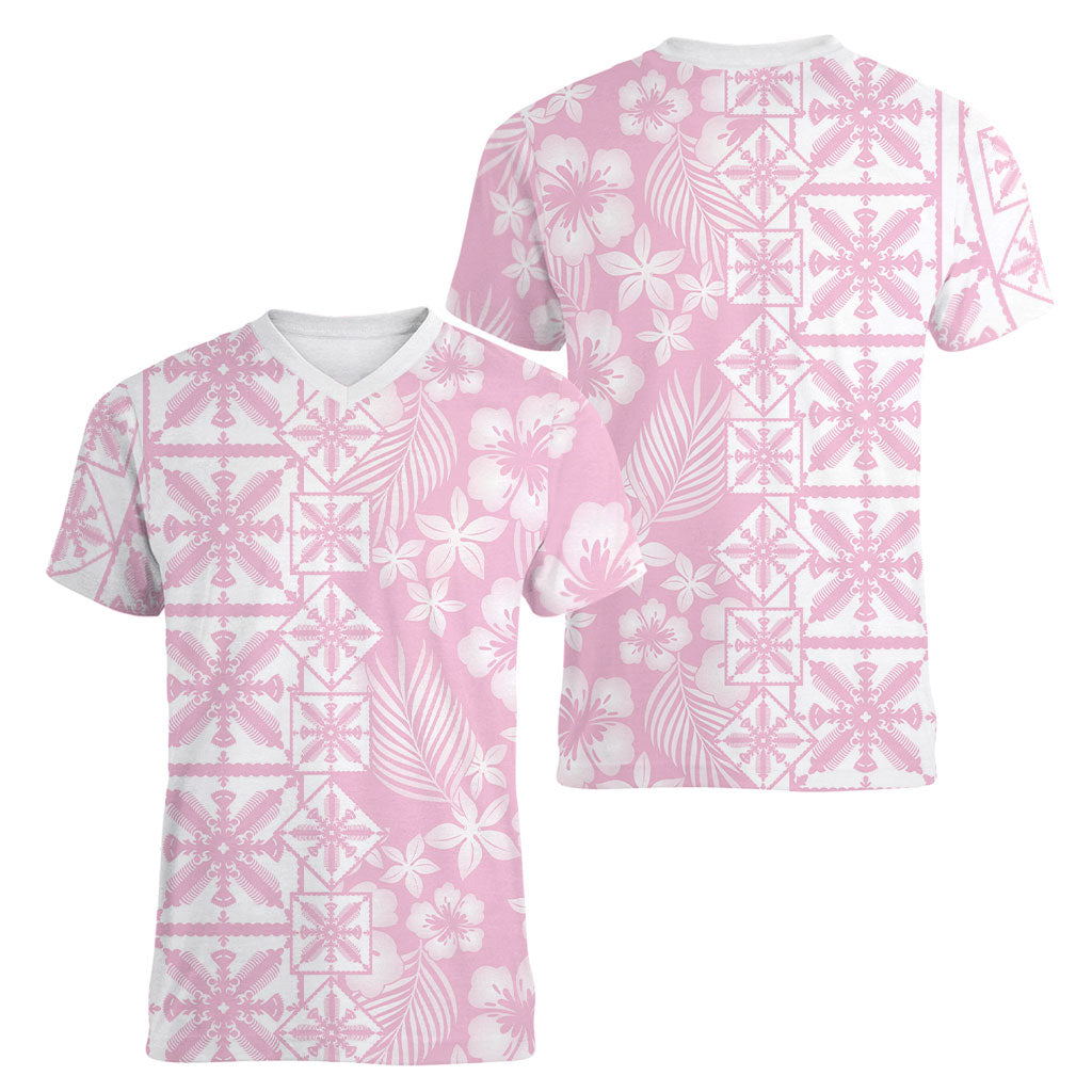 Pastel Pink Kahili Quilt Hawaii Women V-Neck T-Shirt Tropical Flower Seamless Half Style LT14 - Polynesian Pride