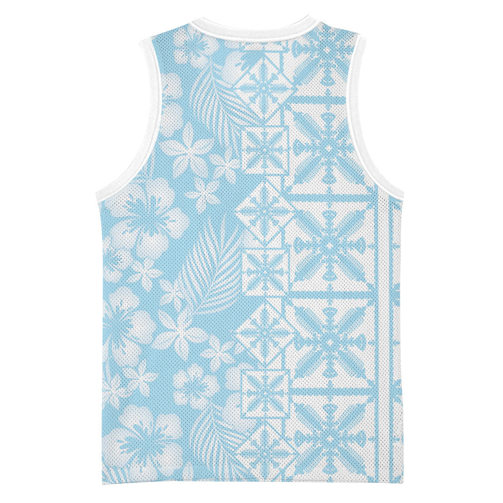 Pastel Blue Kahili Quilt Hawaii Basketball Jersey Tropical Flower Seamless Half Style