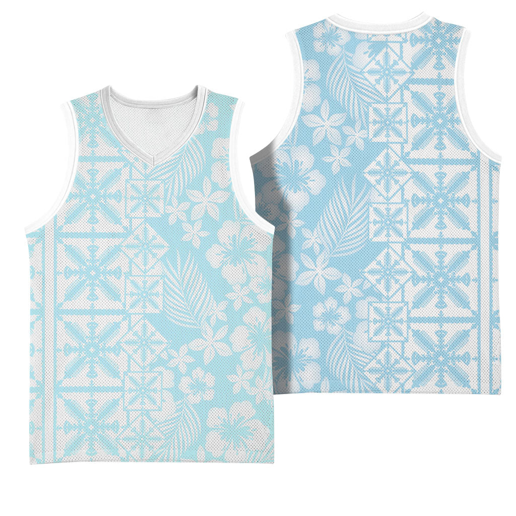 Pastel Blue Kahili Quilt Hawaii Basketball Jersey Tropical Flower Seamless Half Style