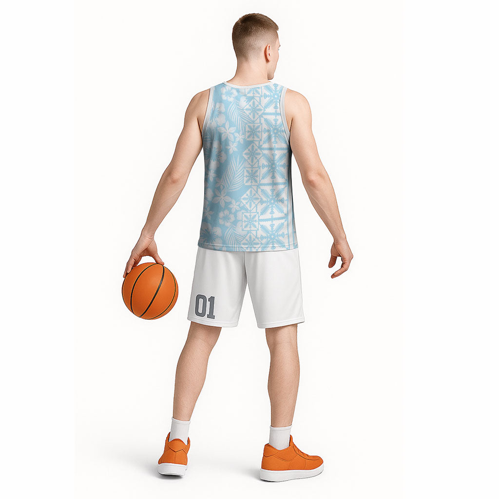Pastel Blue Kahili Quilt Hawaii Basketball Jersey Tropical Flower Seamless Half Style