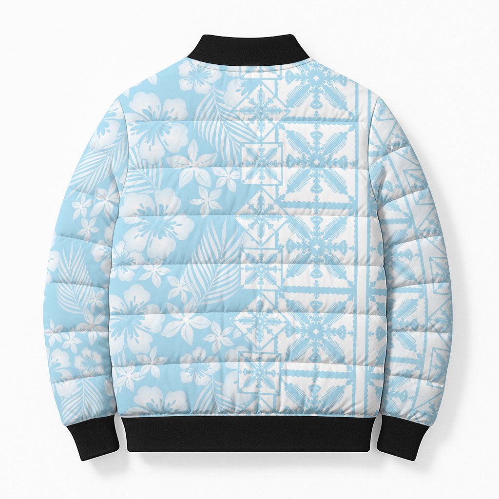 Pastel Blue Kahili Quilt Hawaii Bomber Puffer Jacket Tropical Flower Seamless Half Style