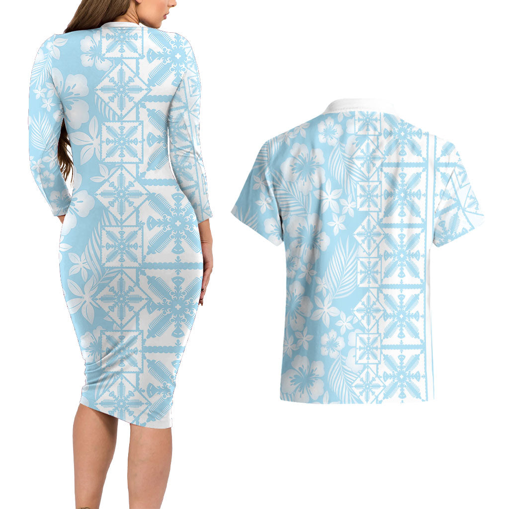 Pastel Blue Kahili Quilt Hawaii Couples Matching Long Sleeve Bodycon Dress and Hawaiian Shirt Tropical Flower Seamless Half Style LT14 - Polynesian Pride