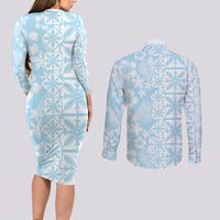 Pastel Blue Kahili Quilt Hawaii Couples Matching Long Sleeve Bodycon Dress and Long Sleeve Button Shirt Tropical Flower Seamless Half Style LT14 - Polynesian Pride