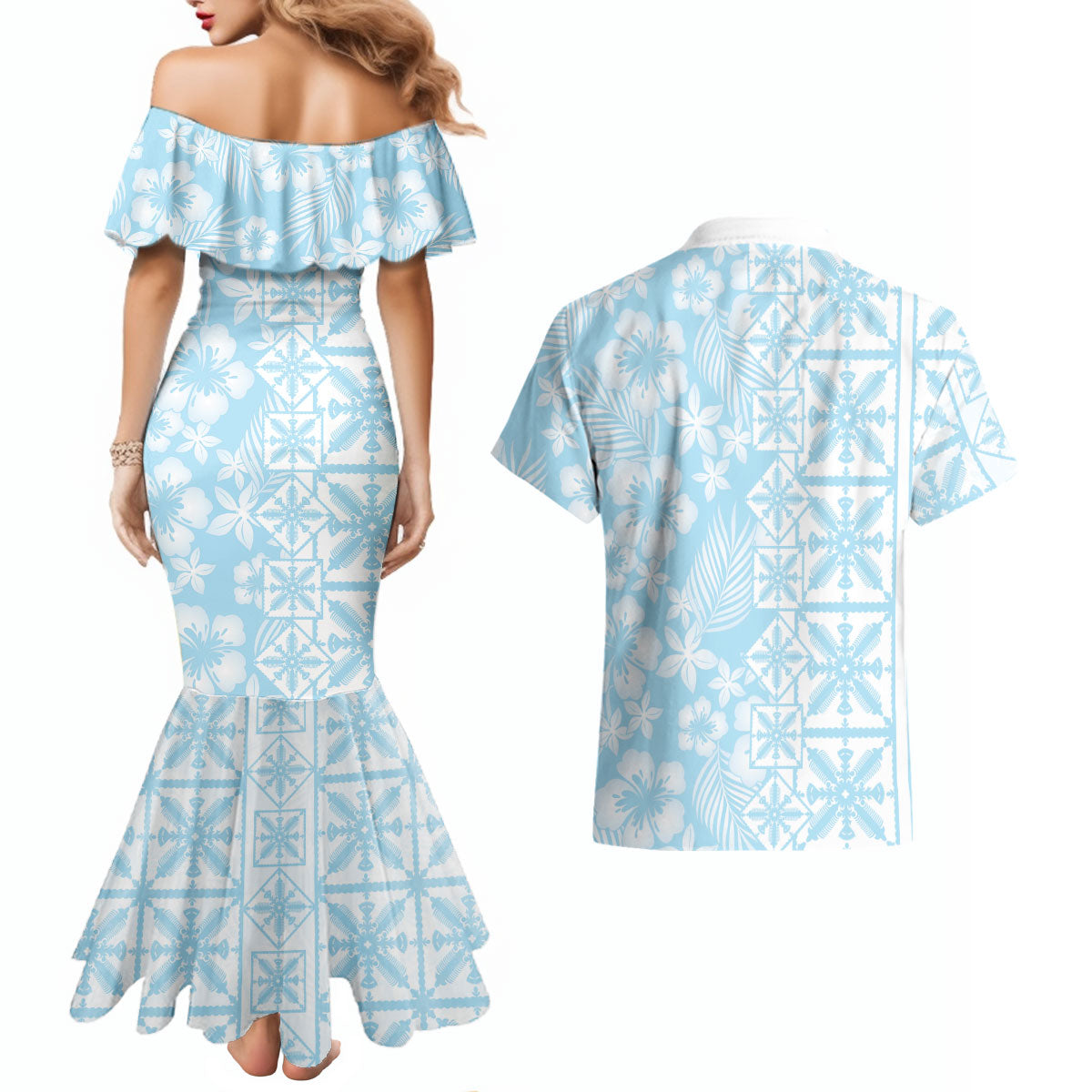 Pastel Blue Kahili Quilt Hawaii Couples Matching Mermaid Dress and Hawaiian Shirt Tropical Flower Seamless Half Style LT14 - Polynesian Pride
